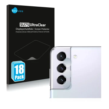 Vorderseite einer Produktverpackung mit dem Markenlogo Savvies. Daneben ist das Gerät Samsung Galaxy S21 (NUR Kameraschutz) mi