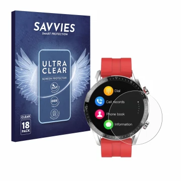 Vorderseite einer Produktverpackung mit dem Markenlogo Savvies. Daneben ist das Gerät Gentleman Smartwatch mit dem zugehörigen