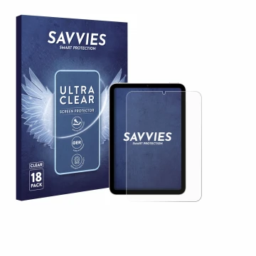 Vorderseite einer Produktverpackung mit dem Markenlogo Savvies. Daneben ist das Gerät Apple iPad Mini 6 WiFi 2021 mit dem zuge