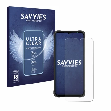 Vorderseite einer Produktverpackung mit dem Markenlogo Savvies. Daneben ist das Gerät Ulefone Armor 12 mit dem zugehörigen Dis