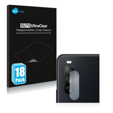 Vorderseite einer Produktverpackung mit dem Markenlogo Savvies. Daneben ist das Gerät Sony Xperia 10 III (NUR Kameraschutz) mi