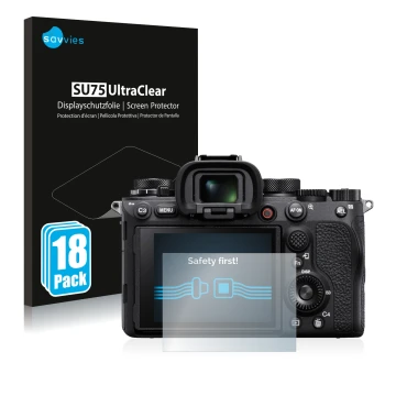 Vorderseite einer Produktverpackung mit dem Markenlogo Savvies. Daneben ist das Gerät Sony Alpha 1 mit dem zugehörigen Display