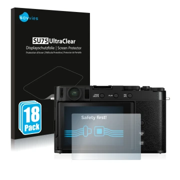 Vorderseite einer Produktverpackung mit dem Markenlogo Savvies. Daneben ist das Gerät Fujifilm X-E4 mit dem zugehörigen Displa