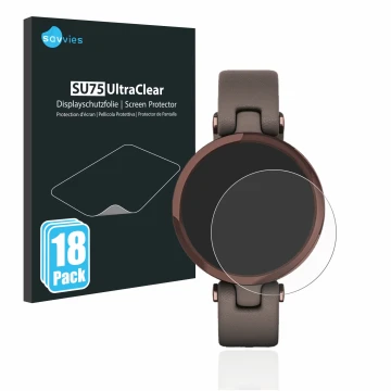 Vorderseite einer Produktverpackung mit dem Markenlogo Savvies. Daneben ist das Gerät Garmin Lily mit dem zugehörigen Displays