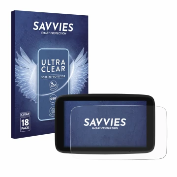 Vorderseite einer Produktverpackung mit dem Markenlogo Savvies. Daneben ist das Gerät TomTom GO Discover 7
