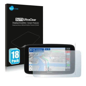 Vorderseite einer Produktverpackung mit dem Markenlogo Savvies. Daneben ist das Gerät TomTom GO Discover 6