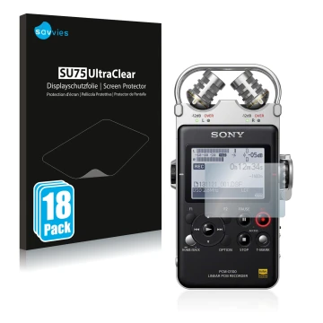 Vorderseite einer Produktverpackung mit dem Markenlogo Savvies. Daneben ist das Gerät Sony PCM D100 mit dem zugehörigen Displa