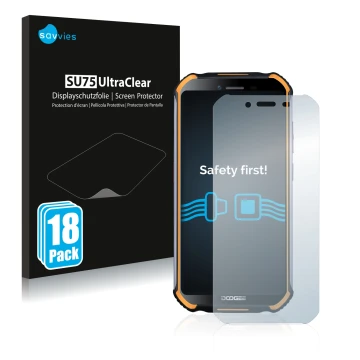 Vorderseite einer Produktverpackung mit dem Markenlogo Savvies. Daneben ist das Gerät Doogee S40 Pro mit dem zugehörigen Displ