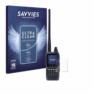 Vorderseite einer Produktverpackung mit dem Markenlogo Savvies. Daneben ist das Gerät Yaesu FTA-550 mit dem zugehörigen Displa