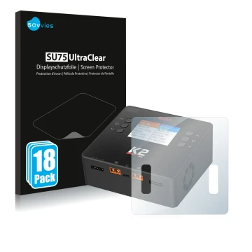 Vorderseite einer Produktverpackung mit dem Markenlogo Savvies. Daneben ist das Gerät ISDT Smart Duo Charger K2 mit dem zugehö