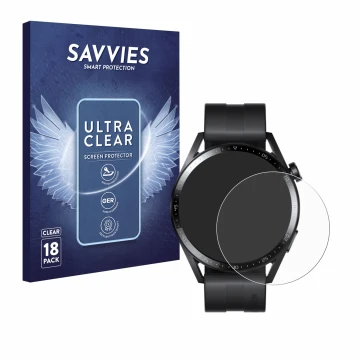 Vorderseite einer Produktverpackung mit dem Markenlogo Savvies. Daneben ist das Gerät Huawei Watch GT 3 (46 mm) mit dem zugehö