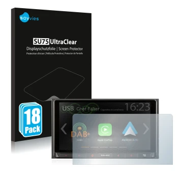 Vorderseite einer Produktverpackung mit dem Markenlogo Savvies. Daneben ist das Gerät Zenec Z-N528 mit dem zugehörigen Display