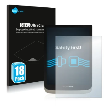 Vorderseite einer Produktverpackung mit dem Markenlogo Savvies. Daneben ist das Gerät PocketBook InkPad Color mit dem zugehöri