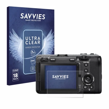 Vorderseite einer Produktverpackung mit dem Markenlogo Savvies. Daneben ist das Gerät Sony FX3 mit dem zugehörigen Displayschu