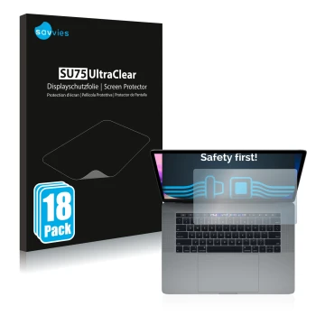 Vorderseite einer Produktverpackung mit dem Markenlogo Savvies. Daneben ist das Gerät Apple MacBook Pro 15