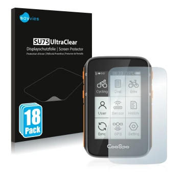 Vorderseite einer Produktverpackung mit dem Markenlogo Savvies. Daneben ist das Gerät CooSpo BC200 mit dem zugehörigen Display