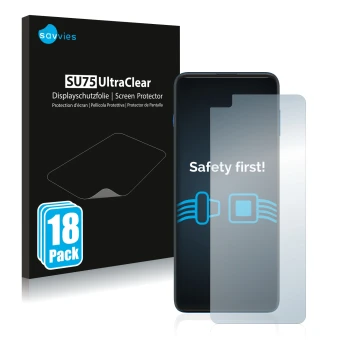 Vorderseite einer Produktverpackung mit dem Markenlogo Savvies. Daneben ist das Gerät Motorola G100 mit dem zugehörigen Displa