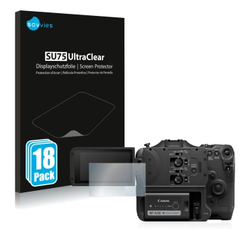 Vorderseite einer Produktverpackung mit dem Markenlogo Savvies. Daneben ist das Gerät Canon EOS C70 mit dem zugehörigen Displa