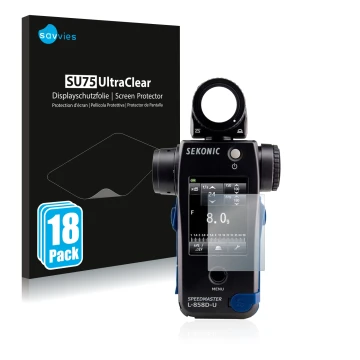 Vorderseite einer Produktverpackung mit dem Markenlogo Savvies. Daneben ist das Gerät Sekonic L858D mit dem zugehörigen Displa