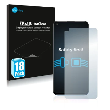 Vorderseite einer Produktverpackung mit dem Markenlogo Savvies. Daneben ist das Gerät realme 8 mit dem zugehörigen Displayschu