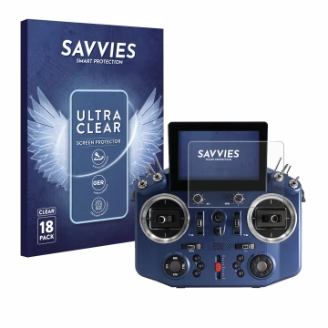 Vorderseite einer Produktverpackung mit dem Markenlogo Savvies. Daneben ist das Gerät FrSky Horus X20 mit dem zugehörigen Disp