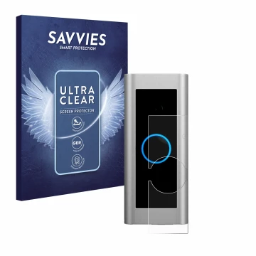 Vorderseite einer Produktverpackung mit dem Markenlogo Savvies. Daneben ist das Gerät Ring Video Doorbell Pro 2 mit dem zugehö