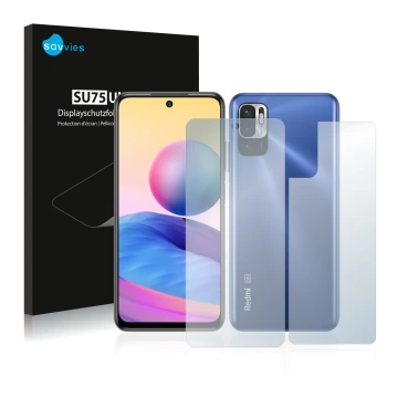 Vorderseite einer Produktverpackung mit dem Markenlogo Savvies. Daneben ist das Gerät Xiaomi Redmi Note 10 5G (Display+Rücksei