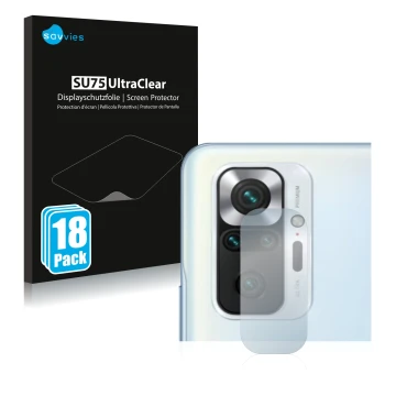 Vorderseite einer Produktverpackung mit dem Markenlogo Savvies. Daneben ist das Gerät Xiaomi Redmi Note 10S (NUR Kameraschutz)