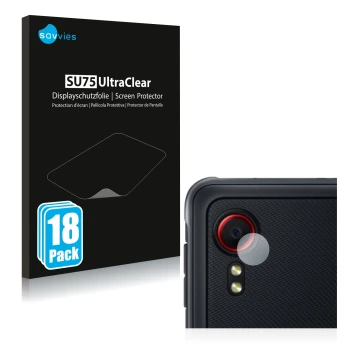 Vorderseite einer Produktverpackung mit dem Markenlogo Savvies. Daneben ist das Gerät Samsung Galaxy XCover 5 (NUR Kameraschut