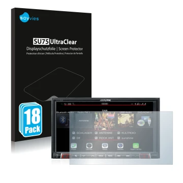 Vorderseite einer Produktverpackung mit dem Markenlogo Savvies. Daneben ist das Gerät Alpine iLX-702D mit dem zugehörigen Disp