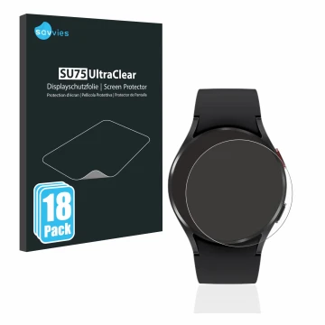 Vorderseite einer Produktverpackung mit dem Markenlogo Savvies. Daneben ist das Gerät Samsung Galaxy Watch 4 (40mm) mit dem zu