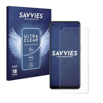 Vorderseite einer Produktverpackung mit dem Markenlogo Savvies. Daneben ist das Gerät Oppo A74 5G mit dem zugehörigen Displays