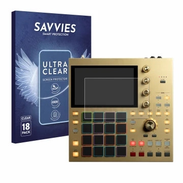 Vorderseite einer Produktverpackung mit dem Markenlogo Savvies. Daneben ist das Gerät Akai MPC One mit dem zugehörigen Display