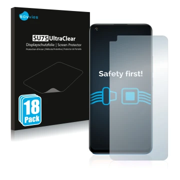 Vorderseite einer Produktverpackung mit dem Markenlogo Savvies. Daneben ist das Gerät realme 8 Pro mit dem zugehörigen Display