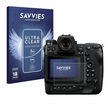 Vorderseite einer Produktverpackung mit dem Markenlogo Savvies. Daneben ist das Gerät Nikon Z 9 mit dem zugehörigen Displaysch