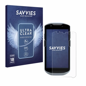 Vorderseite einer Produktverpackung mit dem Markenlogo Savvies. Daneben ist das Gerät Zebra TC52x mit dem zugehörigen Displays