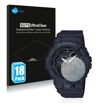 Vorderseite einer Produktverpackung mit dem Markenlogo Savvies. Daneben ist das Gerät Casio G-Shock GBA800 mit dem zugehörigen
