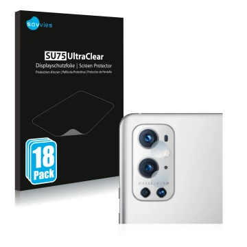 Vorderseite einer Produktverpackung mit dem Markenlogo Savvies. Daneben ist das Gerät OnePlus 9 Pro (NUR Kameraschutz) mit dem