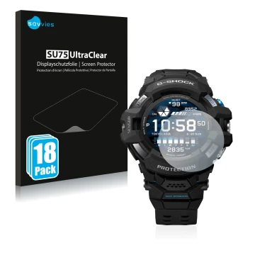 Vorderseite einer Produktverpackung mit dem Markenlogo Savvies. Daneben ist das Gerät Casio G-Shock GSW-H1000 mit dem zugehöri