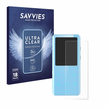 Vorderseite einer Produktverpackung mit dem Markenlogo Savvies. Daneben ist das Gerät AGPtek A19X mit dem zugehörigen Displays