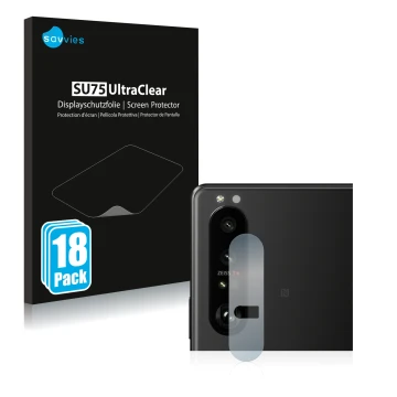 Vorderseite einer Produktverpackung mit dem Markenlogo Savvies. Daneben ist das Gerät Sony Xperia 1 III (NUR Kameraschutz) mit