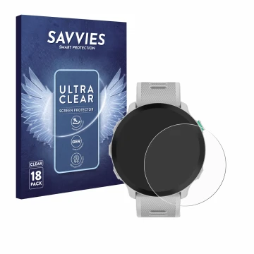 Vorderseite einer Produktverpackung mit dem Markenlogo Savvies. Daneben ist das Gerät Garmin Forerunner 55 mit dem zugehörigen