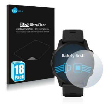 Vorderseite einer Produktverpackung mit dem Markenlogo Savvies. Daneben ist das Gerät Garmin Forerunner 945 LTE mit dem zugehö