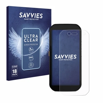 Vorderseite einer Produktverpackung mit dem Markenlogo Savvies. Daneben ist das Gerät Caterpillar Cat S42 H+ mit dem zugehörig