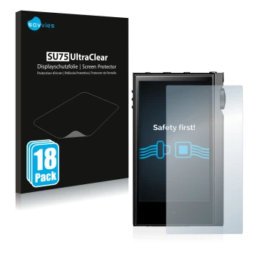 Vorderseite einer Produktverpackung mit dem Markenlogo Savvies. Daneben ist das Gerät Astell&Kern Kann Alpha mit dem zugehörig