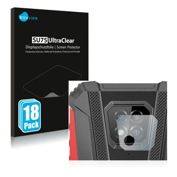 Vorderseite einer Produktverpackung mit dem Markenlogo Savvies. Daneben ist das Gerät Ulefone Armor 8 Pro (NUR Kameraschutz) m