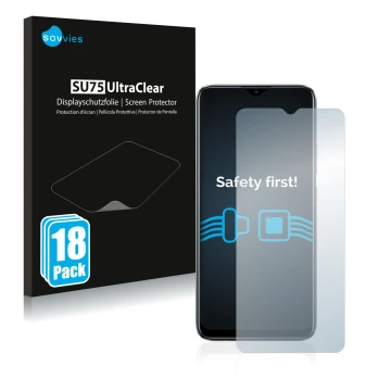 Vorderseite einer Produktverpackung mit dem Markenlogo Savvies. Daneben ist das Gerät realme C11 2021 mit dem zugehörigen Disp