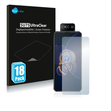 Vorderseite einer Produktverpackung mit dem Markenlogo Savvies. Daneben ist das Gerät ASUS ZenFone 8 Flip mit dem zugehörigen 