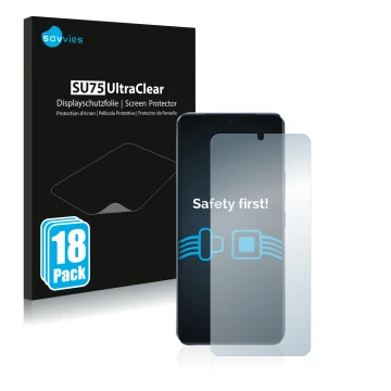 Vorderseite einer Produktverpackung mit dem Markenlogo Savvies. Daneben ist das Gerät Vivo V21 5G mit dem zugehörigen Displays
