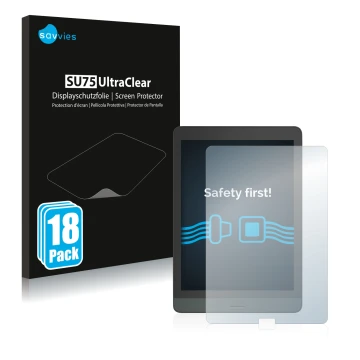 Vorderseite einer Produktverpackung mit dem Markenlogo Savvies. Daneben ist das Gerät Boox Nova 3 mit dem zugehörigen Displays